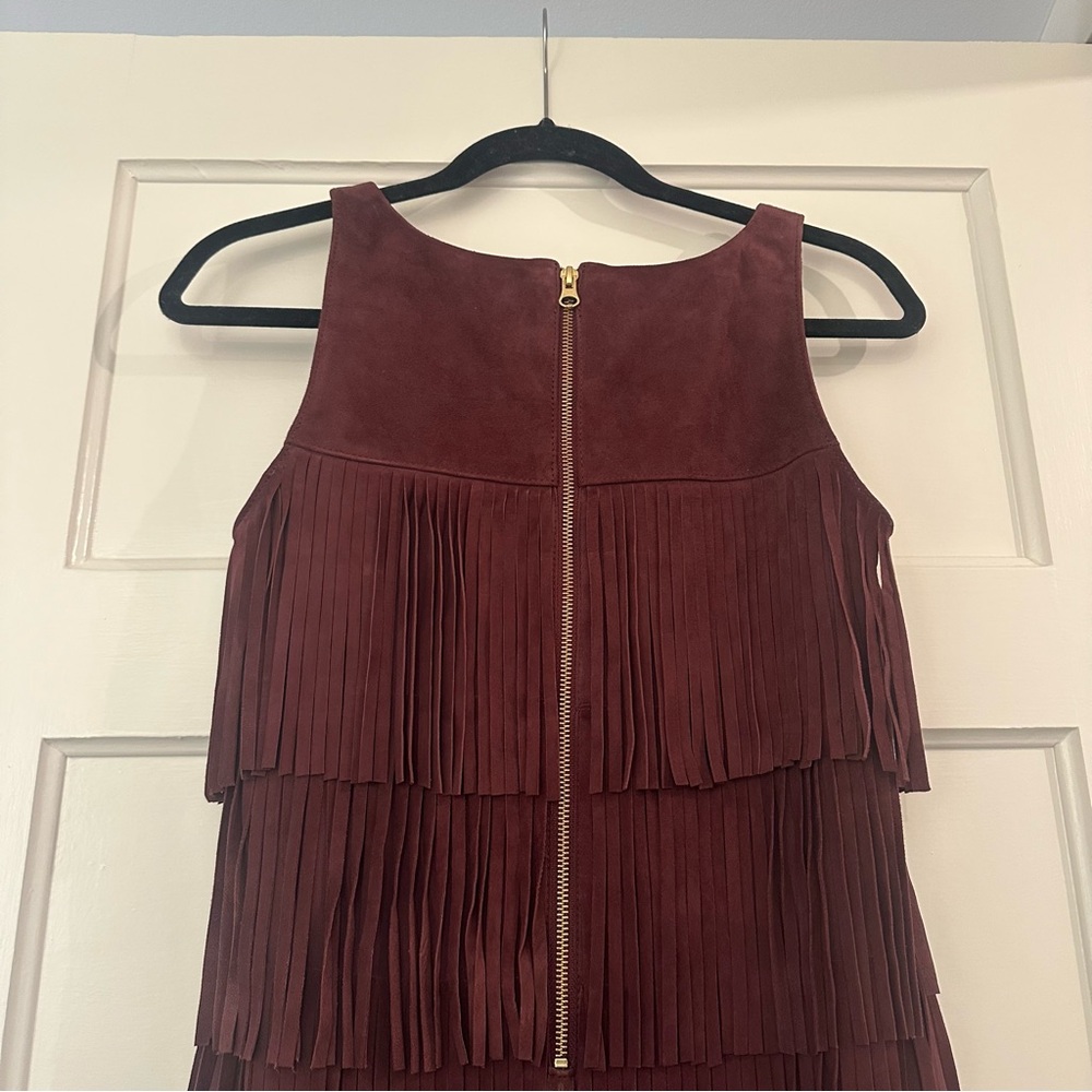 Olivia Palermo+Chelsea 28 Fringe Suede Leather Mini Dress XS Burgundy/Wine EUC - Picture 9 of 13